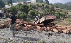 Antalya'da devrilen tomruk yüklü tırın sürücüsü yaralandı