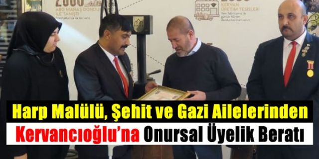 Şehit ve Gaziler Derneği'nden Sami Kervancıoğlu'na onursal üyelik beratı