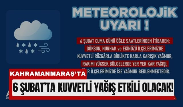 Kahramanmaraş’ta 6 Şubat’ta Yağmur ve Kar Bekleniyor!
