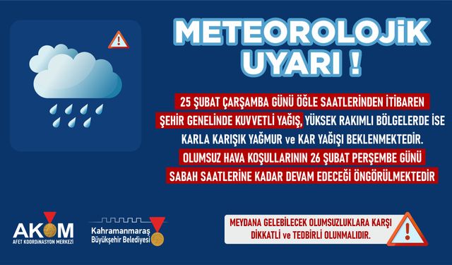 Kahramanmaraş'a 25–26 Şubat İçin Sağanak ve Kar Uyarısı