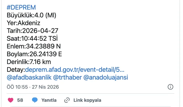 Akdeniz’de Deprem Alarmı: Girit Açıklarında 4.8’lik Sarsıntı