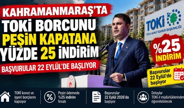 Kahramanmaraş'ta TOKİ borcunu peşin kapatana yüzde 25 indirim: Başvurular 22 Eylül’de başlıyor