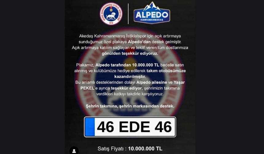 Şehrin Markası Alpedo, "46 EDE 46" Özel Plakasını Satın Aldı!