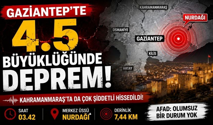 Gaziantep Nurdağı'nda 4.5 Büyüklüğünde Deprem! Kahramanmaraş'ta da Şiddetli Hissedildi