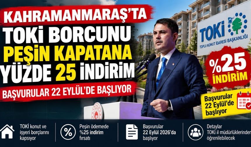 Kahramanmaraş'ta TOKİ borcunu peşin kapatana yüzde 25 indirim: Başvurular 22 Eylül’de başlıyor